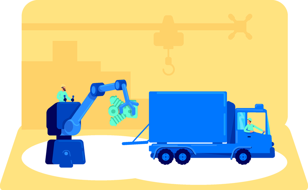 面包車平面概念矢量圖 從工廠生產(chǎn)到倉(cāng)庫(kù)儲(chǔ)存的工業(yè)工作創(chuàng)意分發(fā)過(guò)程